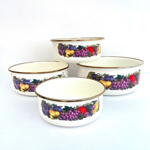 Vintage Cornucopia Enamel Nesting Bowls Set of 4 Fruit Motif Cream Metallic Rim